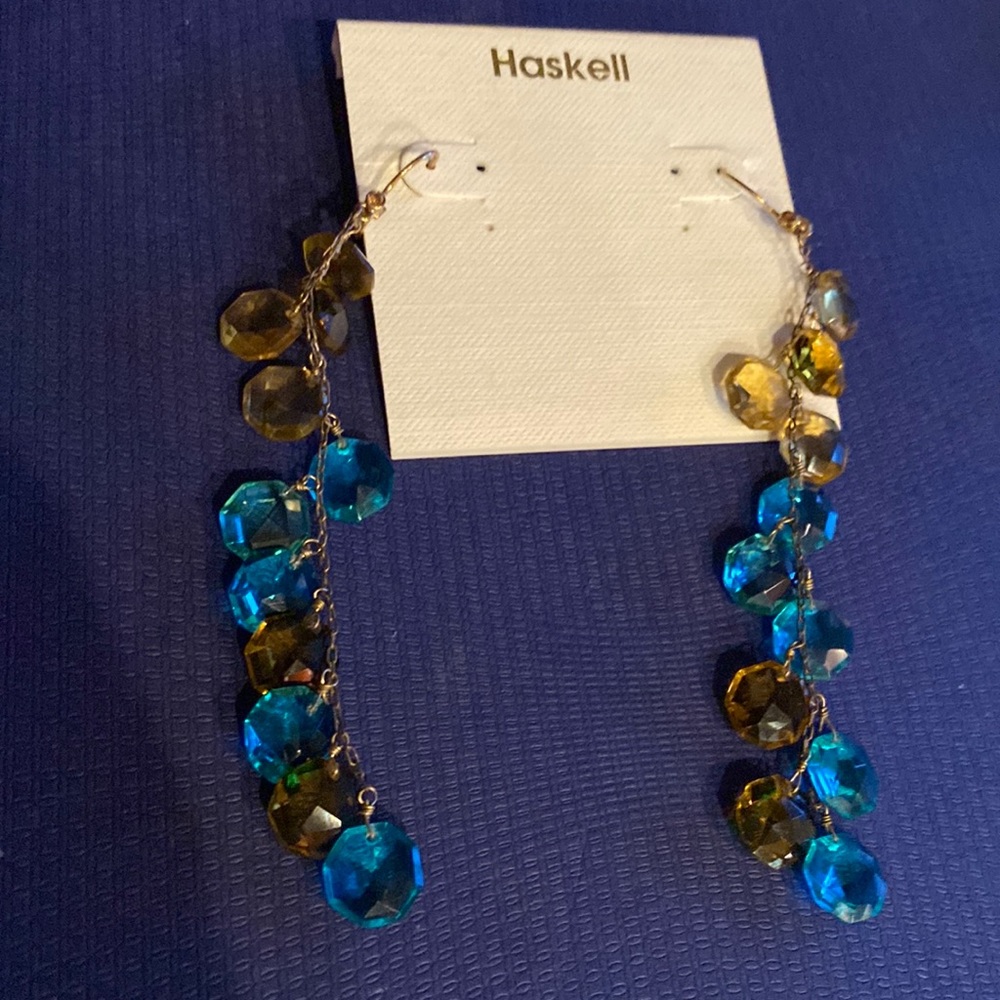 Haskell Sparkling Long Dangling Blue Smokey Taupe Earrings NWOT